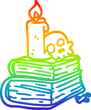 Orijinal gökkuşağı gradyan çizgi çizimi bir çizgi film ürkütücü eski büyü kitapları