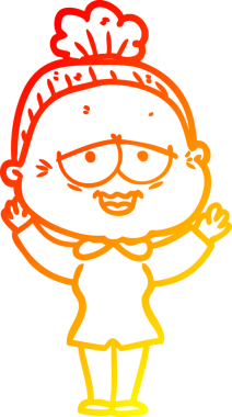 Mutlu yaşlı bir bayanın orjinal, sıcak çizgi çizimi.