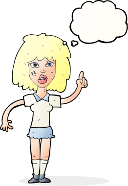 Düşünce baloncuğu olan orijinal, sert kadın çizgi filmi.