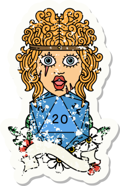 Doğal 20 zarlı barbar bir adamın orijinal grunge çıkartması.