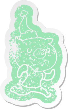 Orijinal mutlu çizgi film Noel Baba şapkası takmış koşan bir domuzun acı çıkartması.