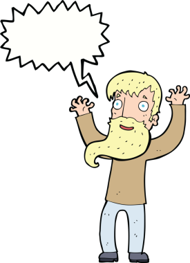 Orijinal çizgi film sakallı, heyecanlı adam konuşma baloncuğu ile