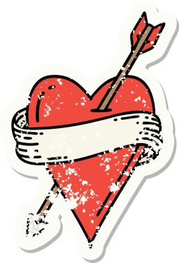 Orijinal kederli etiket dövmesi. Geleneksel bir ok kalp ve bayrak stili.