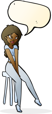 Konuşma baloncuğu olan taburedeki orijinal çizgi film kızı.