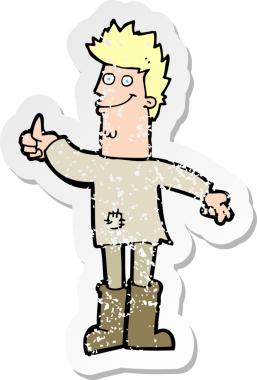 Orijinal retro sıkıntılı karikatür çıkartması. Paçavralar içinde pozitif düşünen bir adam.