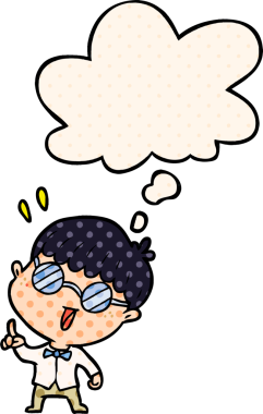 Çizgi roman tarzında düşünce balonu olan zeki çocuk.