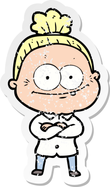 Çizgi film kahramanı mutlu yaşlı bir kadının orijinal üzgün çıkartması.