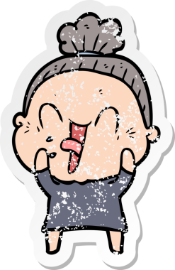 Çizgi film kahramanı mutlu yaşlı bir kadının orijinal üzgün çıkartması.