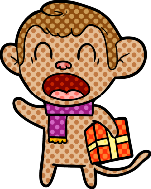 Orijinal bağıran çizgi film maymunu Noel hediyesi taşıyor.