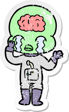 Büyük beyinli bir uzaylının ağlayan karikatürünün orijinal sıkıntılı çıkartması.