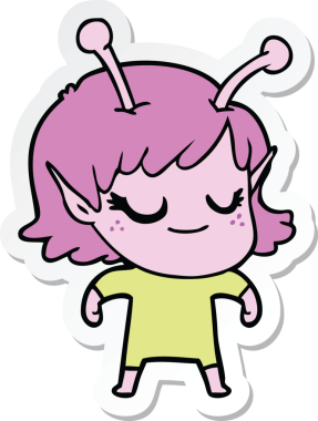 Gülümseyen uzaylı kız çizgi filminin orijinal çıkartması.