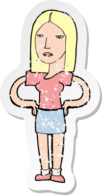 Kalçasında elleri olan bir karikatür kadının orijinal gerilmiş çıkartması.