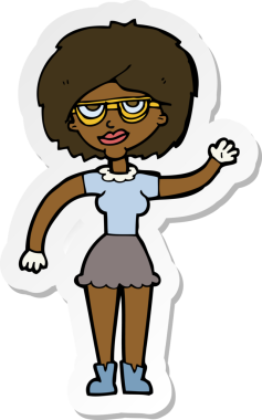 Gözlüklü, el sallayan bir kadının orijinal çıkartması.