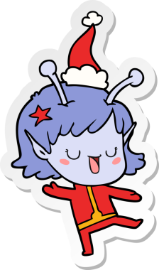 Orijinal mutlu uzaylı kız el çizimi Noel Baba şapkası giyen bir karikatür.