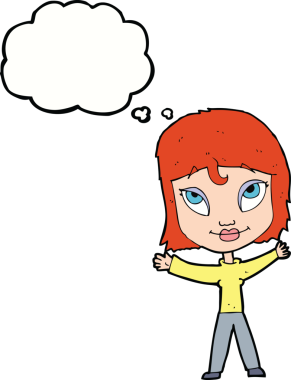 Orijinal çizgi film mutlu kadın düşünce baloncuğuyla kollarını sallıyor