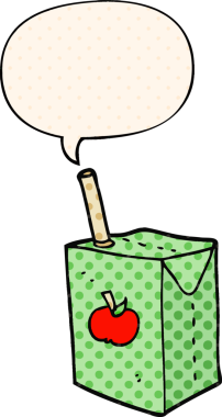 Çizgi roman tarzında konuşma balonu olan orijinal elma suyu kutusu.
