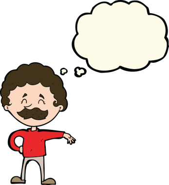 Orijinal karikatür adam düşünce baloncuğuyla kamp hareketi yapıyor.