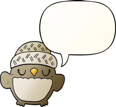 Özgün, şirin çizgi film baykuşu şapkalı, konuşma baloncuğu yumuşak eğimli.