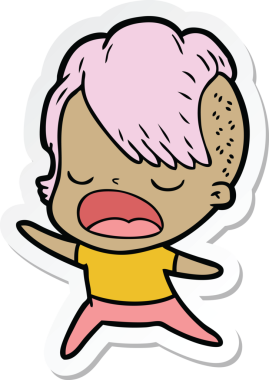 Orijinal bir çizgi film çıkartması. Havalı hippi kız konuşuyor.