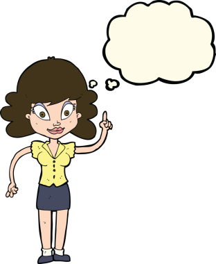 Düşünce baloncuğu olan orijinal mutlu kadın çizgi filmi.