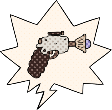 Çizgi roman tarzında konuşma balonu olan orijinal bir ışın tabancası.