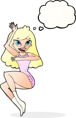 Düşünce baloncuklu iç çamaşırlı orijinal karikatür kadın.