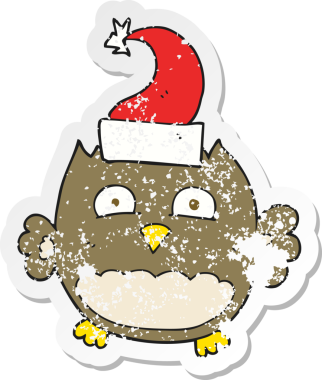 Orijinal retro sıkıntılı baykuş çıkartması Noel şapkası takıyor.