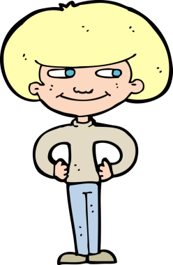 Elleri kalçasında orijinal çizgi film çocuğu.