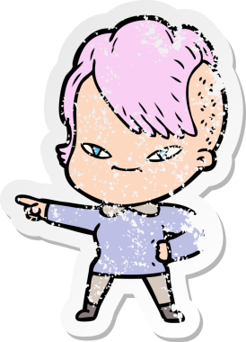 Hipster tıraşlı, sevimli bir çizgi film kızına ait orijinal bir çıkartma.