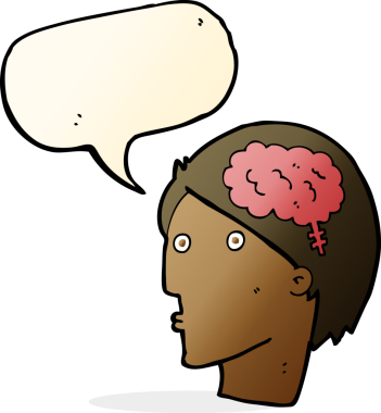 Konuşma baloncuklu beyin sembollü orijinal çizgi film adamı.