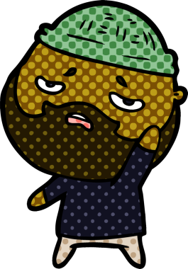 Çizgi filmdeki sakallı endişeli adam.