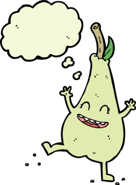 Orijinal çizgi film, düşünce baloncuklu mutlu armut dansı.