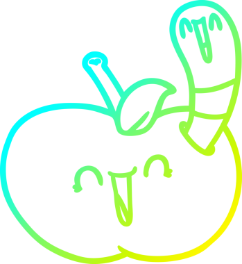 Mutlu elmada bir çizgi film solucanının orjinal soğuk eğimli çizimi