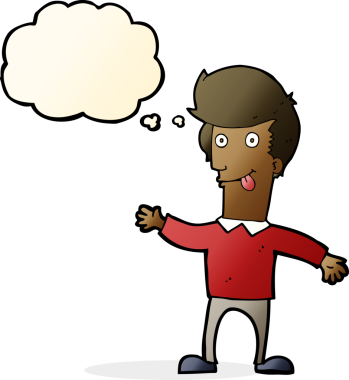 Düşünce baloncuğuyla dilini çıkaran orijinal çizgi film adamı.