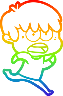 Orijinal gökkuşağı gradyan çizgi çizimi endişeli bir çizgi film çocuğunun