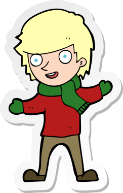 Kış kıyafetleri içinde bir çizgi film çocuğunun orijinal çıkartması.