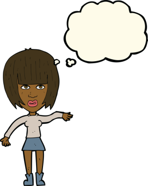 Düşünce baloncuğuyla el sallayan orijinal çizgi film kadını.