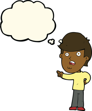 Orijinal karikatür şok adam düşünce baloncuğu ile işaret