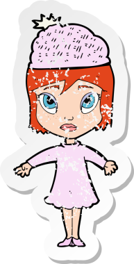 Orijinal gerilim dolu çıkartma. Kış şapkası takan bir karikatür kadının.