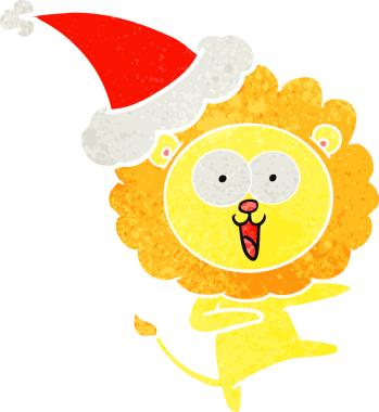 Orijinal mutlu el çizimi Noel Baba şapkası takan bir aslanın retro karikatürü