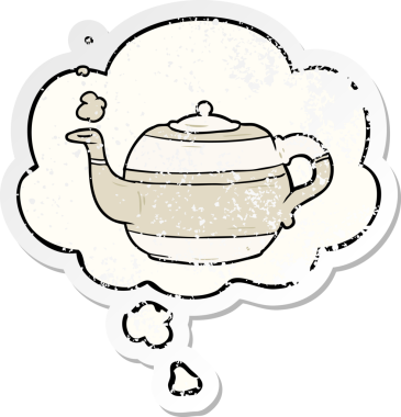 Üzüntülü bir çıkartma olarak düşünce baloncuğu olan orijinal çizgi film çaydanlığı