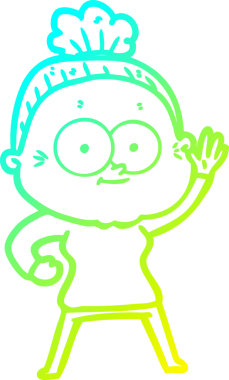 Mutlu, yaşlı bir kadının çizgi film çizimi.