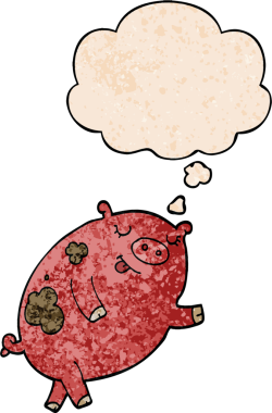 Düşünce baloncuğu ve grunge desenli orijinal dans eden domuz.