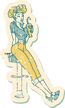 Geleneksel stil yapıştırmalı orijinal dövmeli milkshake içen bir kız.