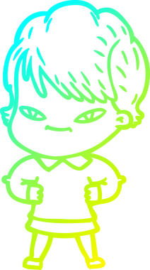 Çizgi film karakteri mutlu bir kadının orijinal soğuk gradyan çizimi.