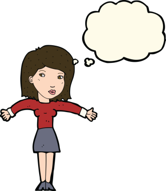 Orijinal çizgi film kadını düşünce baloncuğuyla omuz silkiyor.