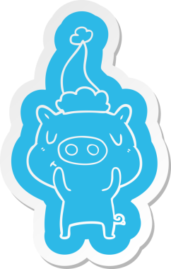 Noel Baba şapkası takan bir domuzun orijinal çizgi film çıkartması.