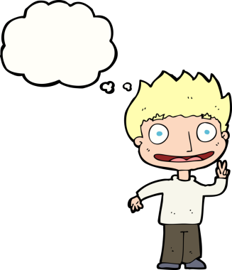 Düşünce baloncuğu olan mutlu çocuk.