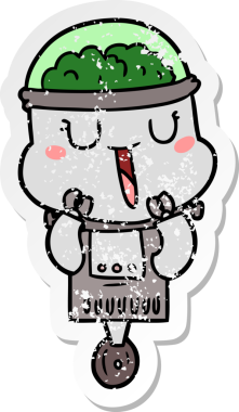 Mutlu çizgi film robotunun orijinal sıkıntılı çıkartması.