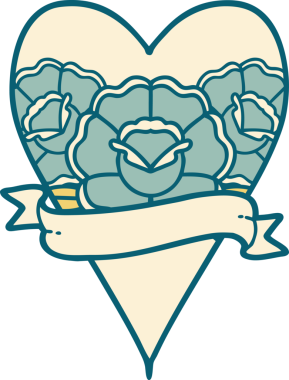 Orjinal ikonik dövme stili. Çiçekli bir kalp ve pankart.